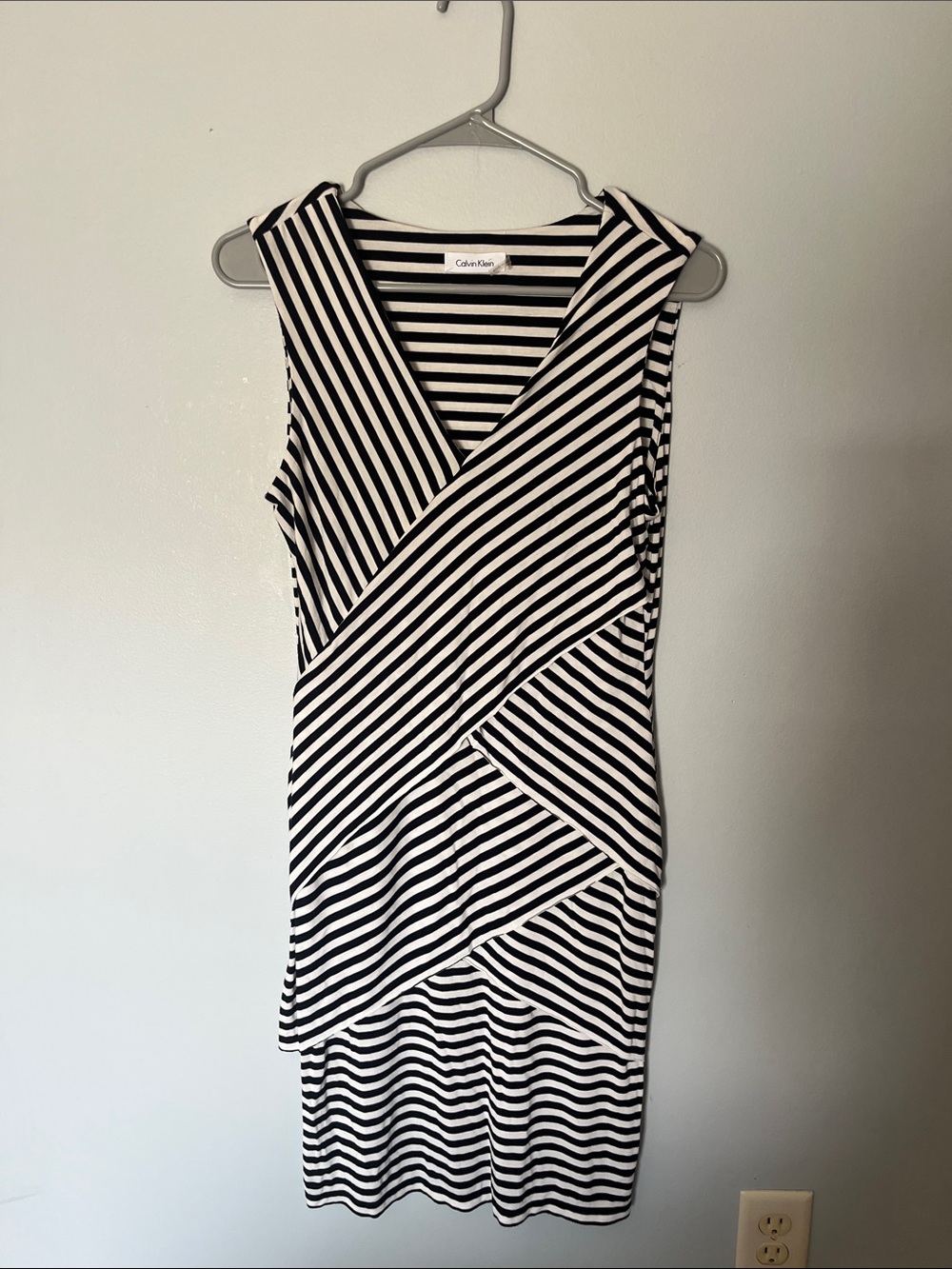 Calvin Klein Black & White Striped Sleeveless Faux-Wrap Dress see pics